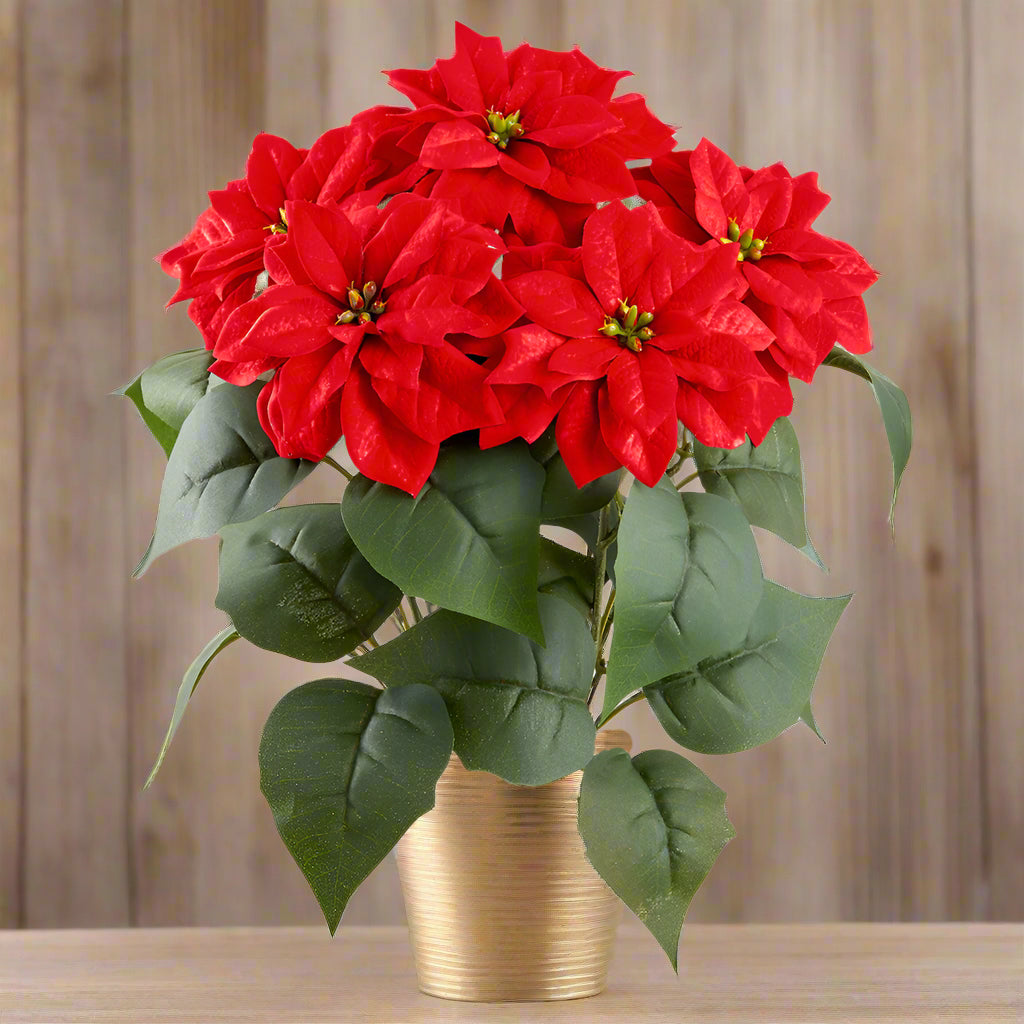 Red Christmas Velvet Poinsettia Bush, Artificial Floral, 14 Inches High, 5 Blossoms