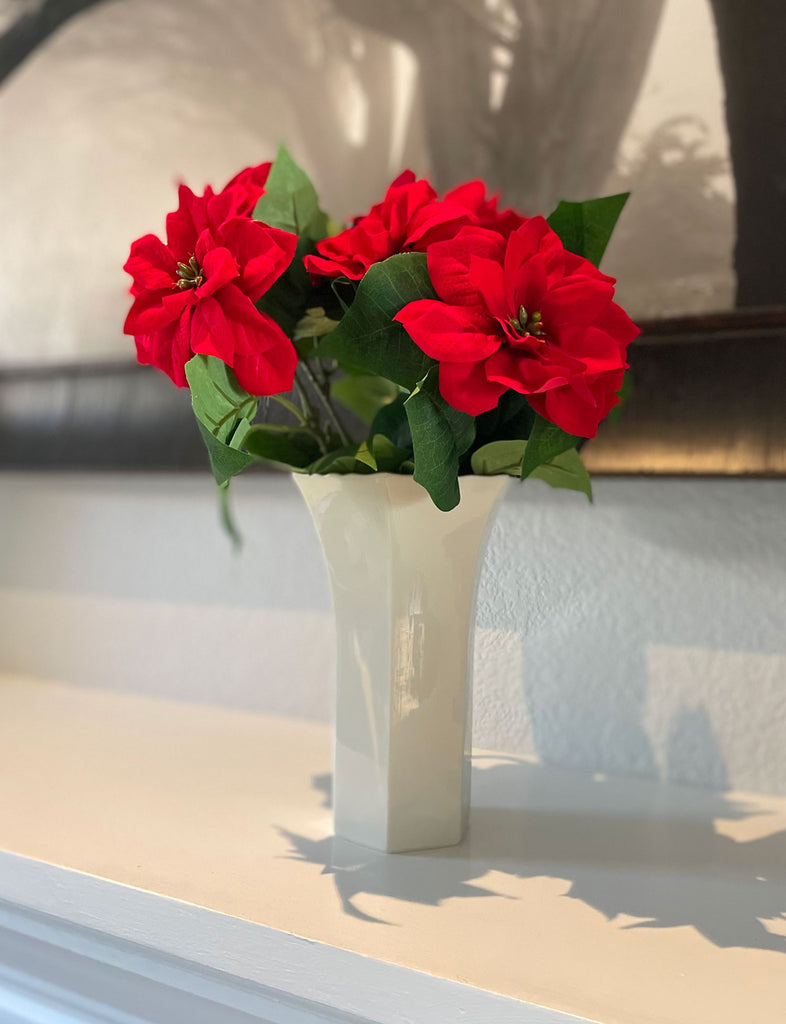 Red Christmas Velvet Poinsettia Bush, Artificial Floral, 14 Inches High, 5 Blossoms