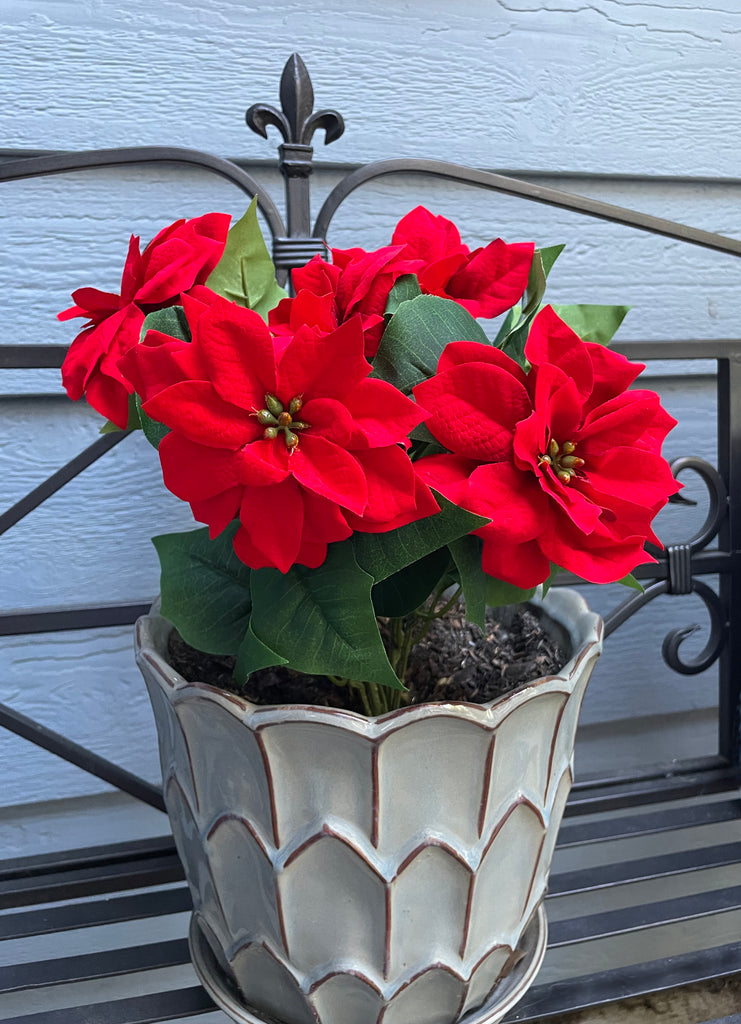 Red Christmas Velvet Poinsettia Bush, Artificial Floral, 14 Inches High, 5 Blossoms