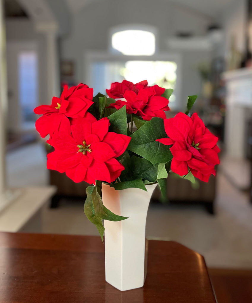 Red Christmas Velvet Poinsettia Bush, Artificial Floral, 14 Inches High, 5 Blossoms