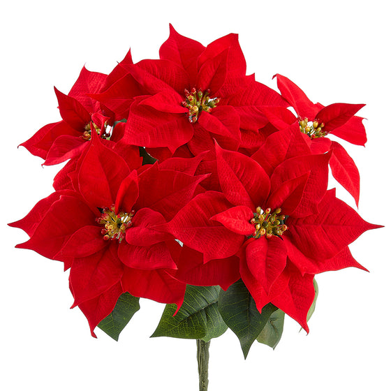 TenWaterloo Artificial Red Poinsettia Bush, 15 Inches High, 5 Velvet Blossoms, Christmas Holiday Decor