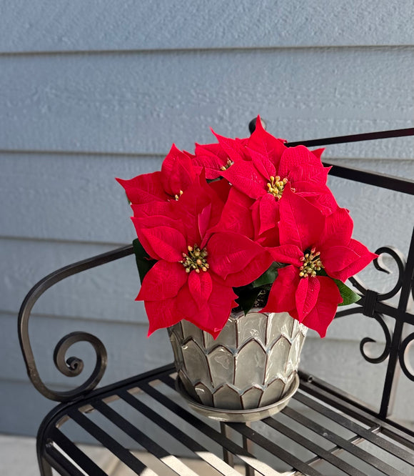 TenWaterloo Artificial Red Poinsettia Bush, 15 Inches High, 5 Velvet Blossoms, Christmas Holiday Decor