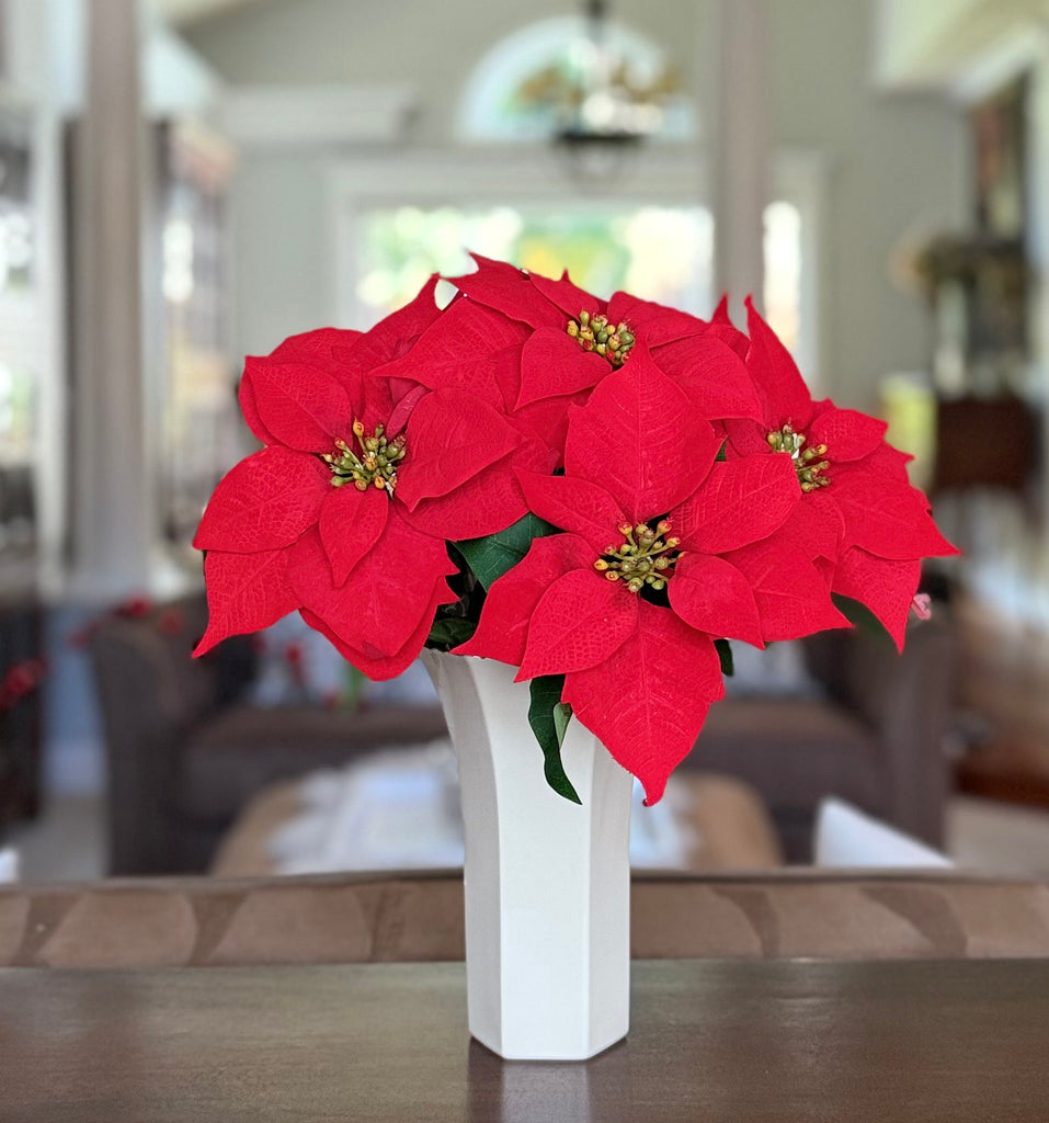 TenWaterloo Artificial Red Poinsettia Bush, 15 Inches High, 5 Velvet Blossoms, Christmas Holiday Decor
