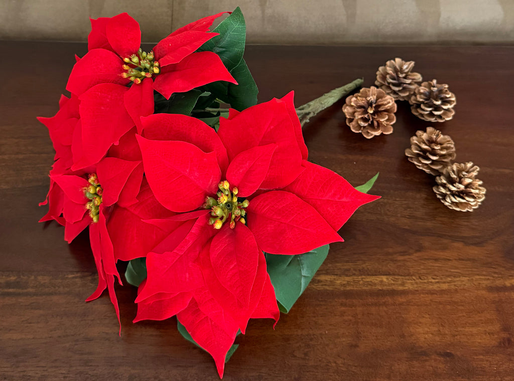 TenWaterloo Artificial Red Poinsettia Bush, 15 Inches High, 5 Velvet Blossoms, Christmas Holiday Decor