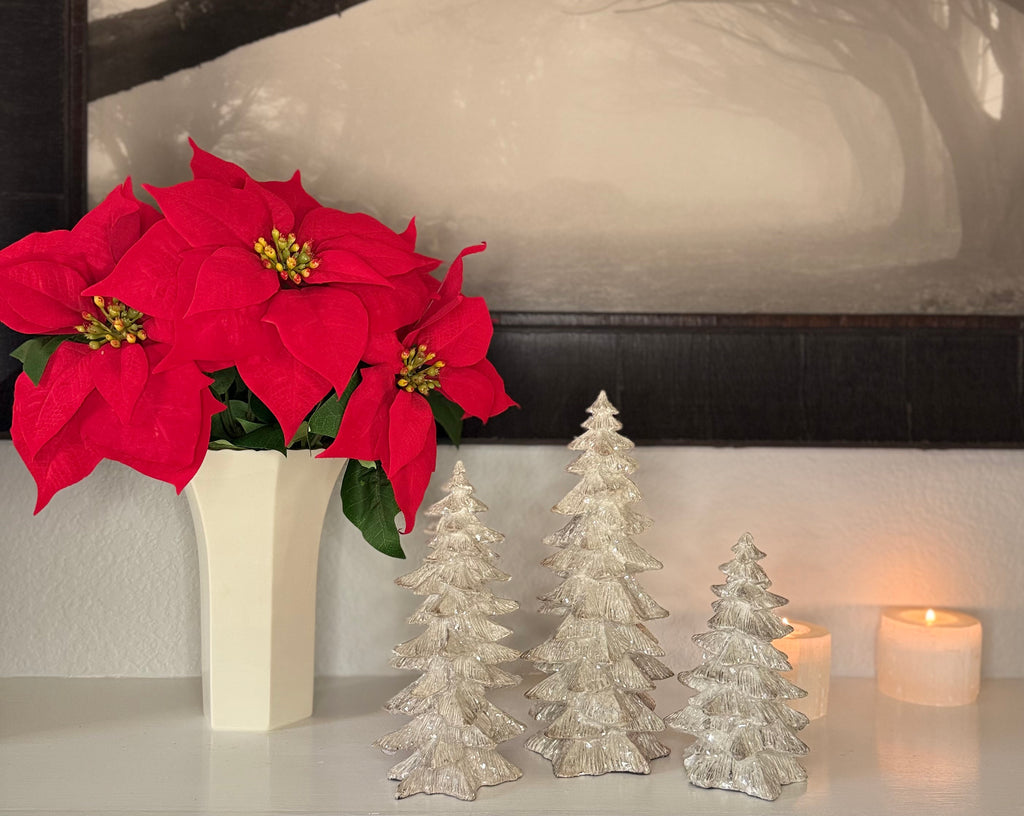 TenWaterloo Artificial Red Poinsettia Bush, 15 Inches High, 5 Velvet Blossoms, Christmas Holiday Decor