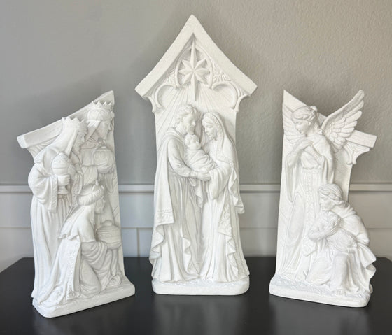 White Nativity Scene Statues Set of 3, Center Piece 19 Inches High, Christmas Religious Decor with Holy Family, Angels, and The Three Wise Men