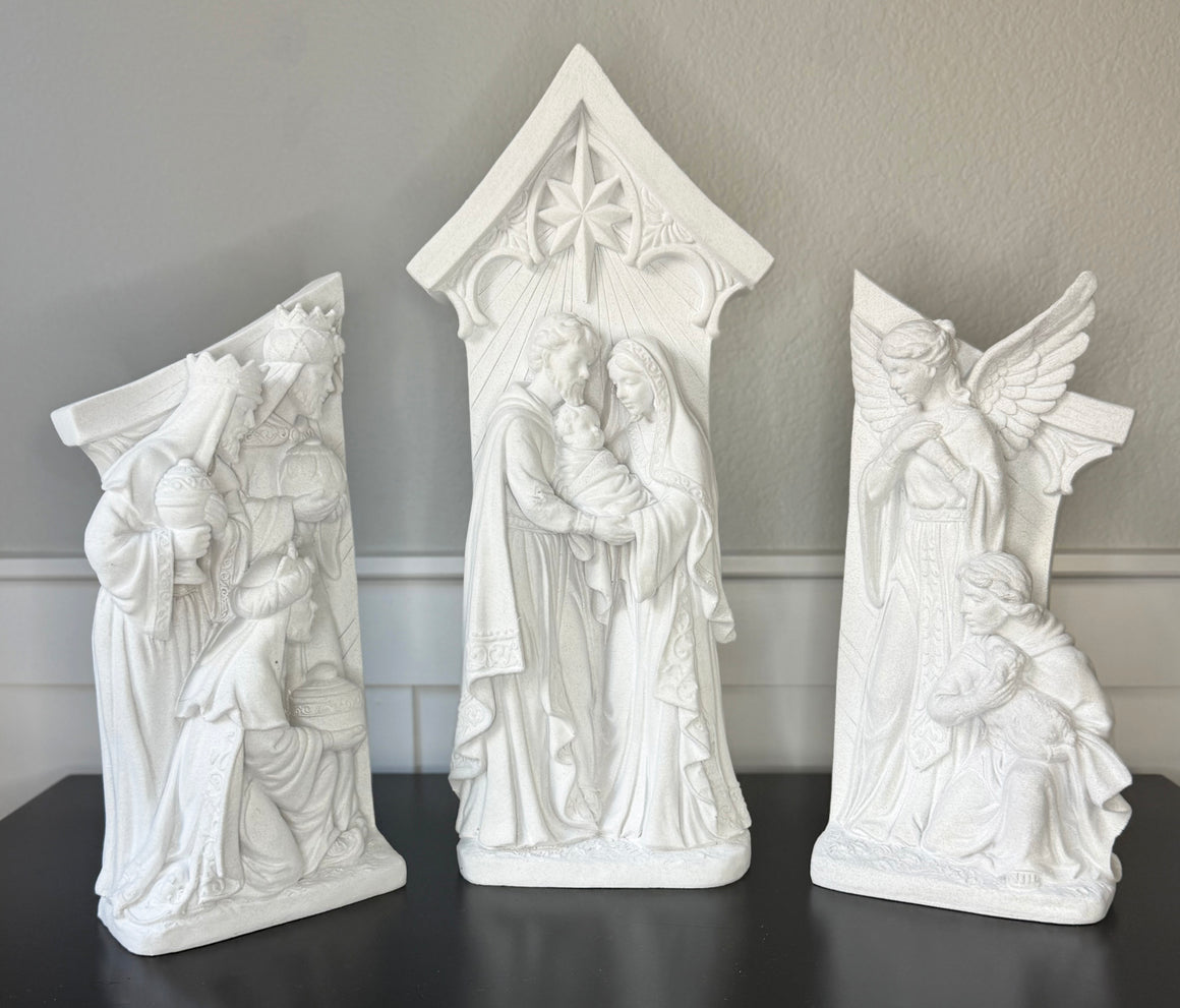 White Nativity Scene Statues Set of 3, Center Piece 19 Inches High, Christmas Religious Decor with Holy Family, Angels, and The Three Wise Men