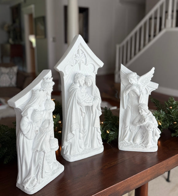 White Nativity Scene Statues Set of 3, Center Piece 19 Inches High, Christmas Religious Decor with Holy Family, Angels, and The Three Wise Men