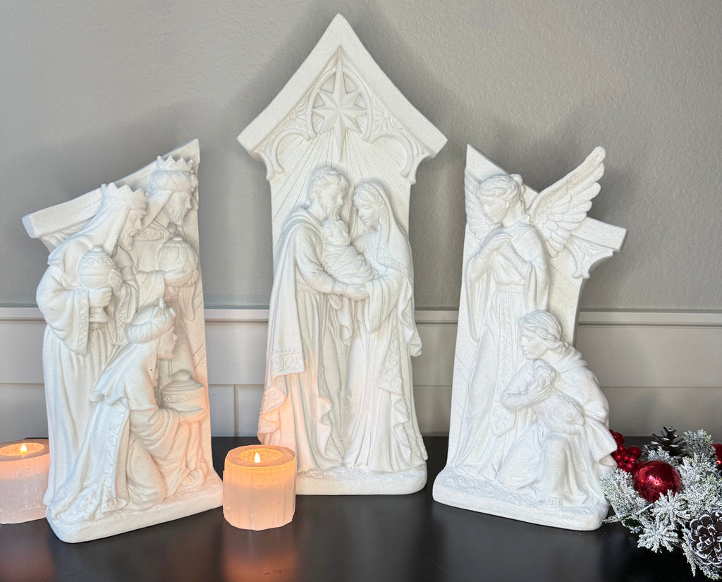 White Nativity Scene Statues Set of 3, Center Piece 19 Inches High, Christmas Religious Decor with Holy Family, Angels, and The Three Wise Men