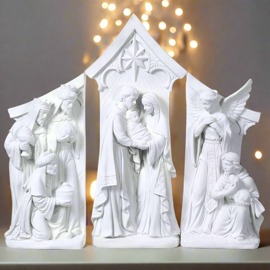 White Nativity Scene Statues Set of 3, Center Piece 19 Inches High, Christmas Religious Decor with Holy Family, Angels, and The Three Wise Men