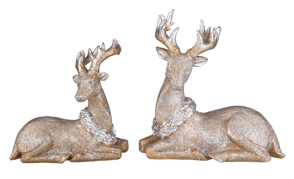 TenWaterloo Gold and Silver Finish Glittered Sitting Reindeer Set, 7.5 Inches x 5.5 Inches Each, Resin Christmas Figurine Set of 2