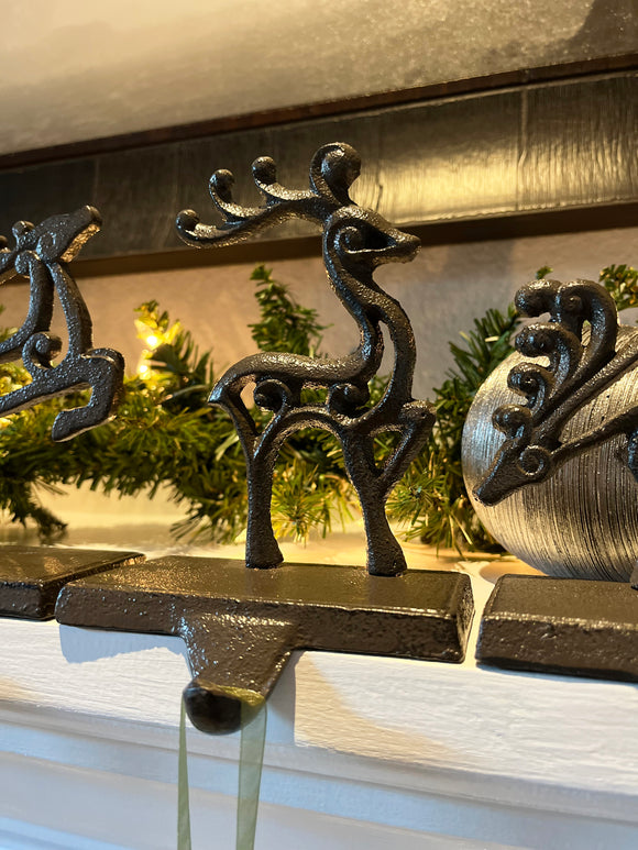 TenWaterloo Cast Iron Christmas Stocking Hanger Set of 4 Reindeer in Bronzed Black Finish, Pierced Metal Design, 1 Pound Each