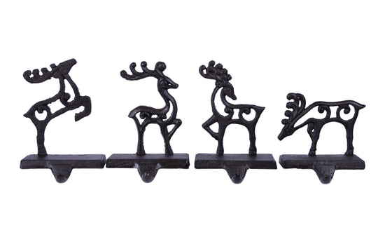 TenWaterloo Cast Iron Christmas Stocking Hanger Set of 4 Reindeer in Bronzed Black Finish, Pierced Metal Design, 1 Pound Each