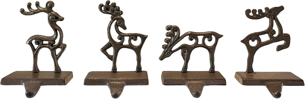 TenWaterloo Cast Iron Christmas Stocking Hanger Set of 4 Reindeer in Bronzed Black Finish, Pierced Metal Design, 1 Pound Each
