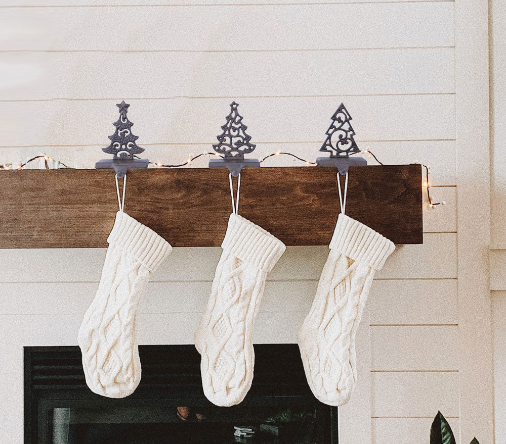 TenWaterloo Set of 3 Black and Taupe Cast Iron Christmas Stocking Hangers in Christmas Tree Designs, 6 Inches High
