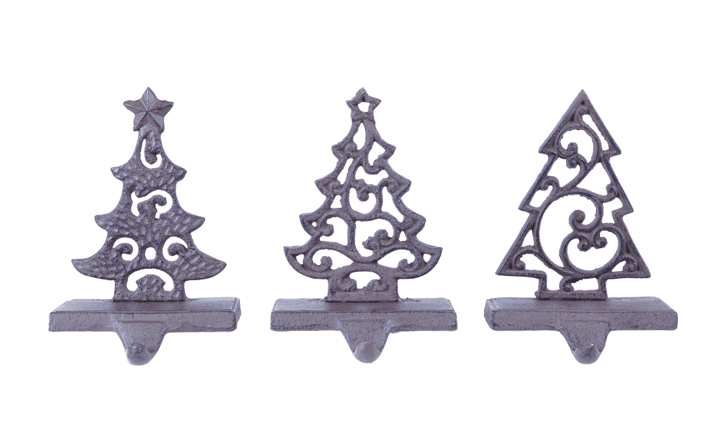 TenWaterloo Set of 3 Black and Taupe Cast Iron Christmas Stocking Hangers in Christmas Tree Designs, 6 Inches High