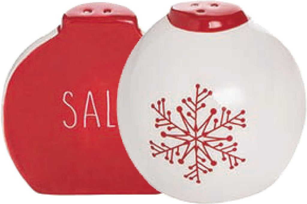 Christmas Ornament Salt and Pepper Shaker Set, Red and White Ceramic, 2 Pieces, 2.75 Inches