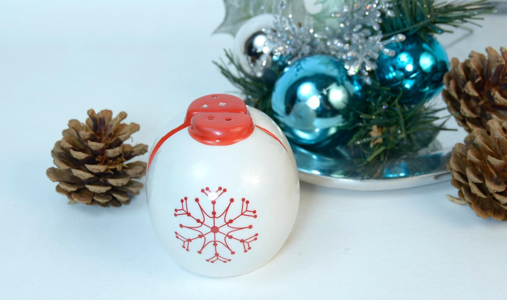 Christmas Ornament Salt and Pepper Shaker Set, Red and White Ceramic, 2 Pieces, 2.75 Inches