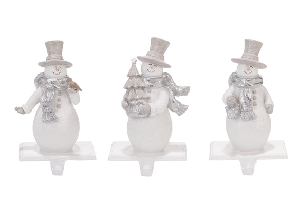 TenWaterloo Set of 3 White Frosted Snowmen Christmas Stocking Hangers, Sparkling Cast Iron with Sculpted Resin, 6.5 Inch x 4.25 Inch Christmas Stocking Holders, Frosty Set