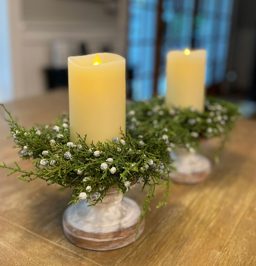 Juniper Pillar Candle Ring, 9 Inches Diameter, Artificial Juniper Pine and Berries with Natural Twig Base, Candle Holder Ring, Christmas and Winter Holiday Decoration Seasonal Winter Candle Ring