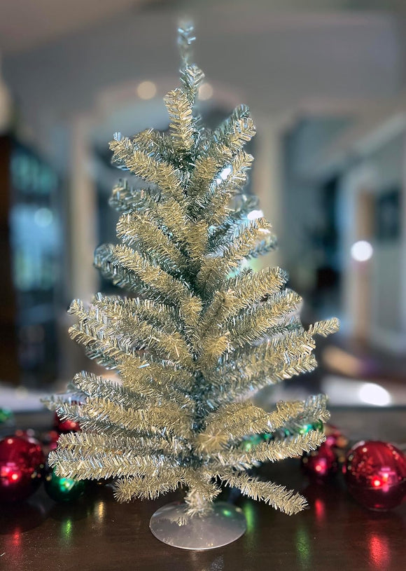 Vintage Silver Tinsel Christmas Tree, 15 Inches High, 125 Tips, Metal Stand, Tabletop Size