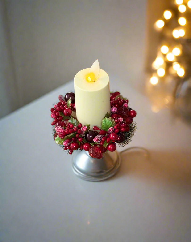 4 Inch Red and Burgundy Crystal and Pearl Berry Candle Ring, Red and Burgundy, Fits 1.75 Inch Candles