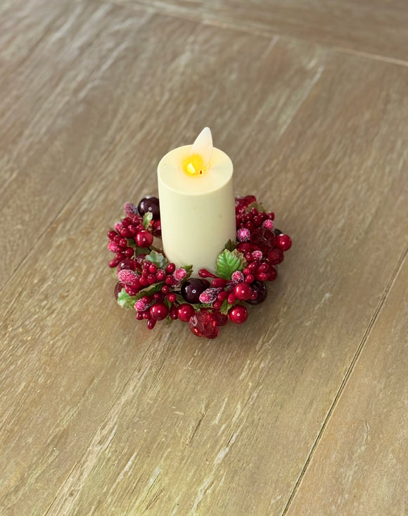 4 Inch Red and Burgundy Crystal and Pearl Berry Candle Ring, Red and Burgundy, Fits 1.75 Inch Candles