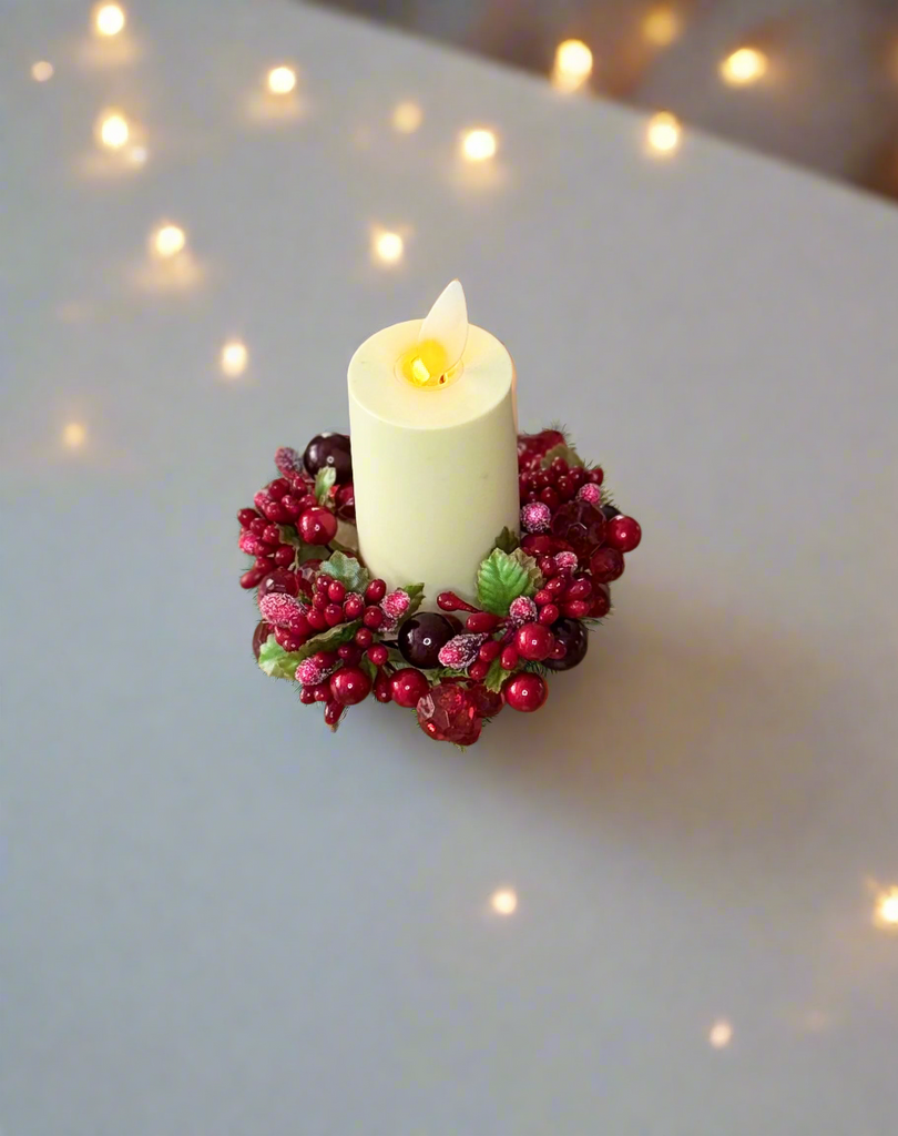 4 Inch Red and Burgundy Crystal and Pearl Berry Candle Ring, Red and Burgundy, Fits 1.75 Inch Candles