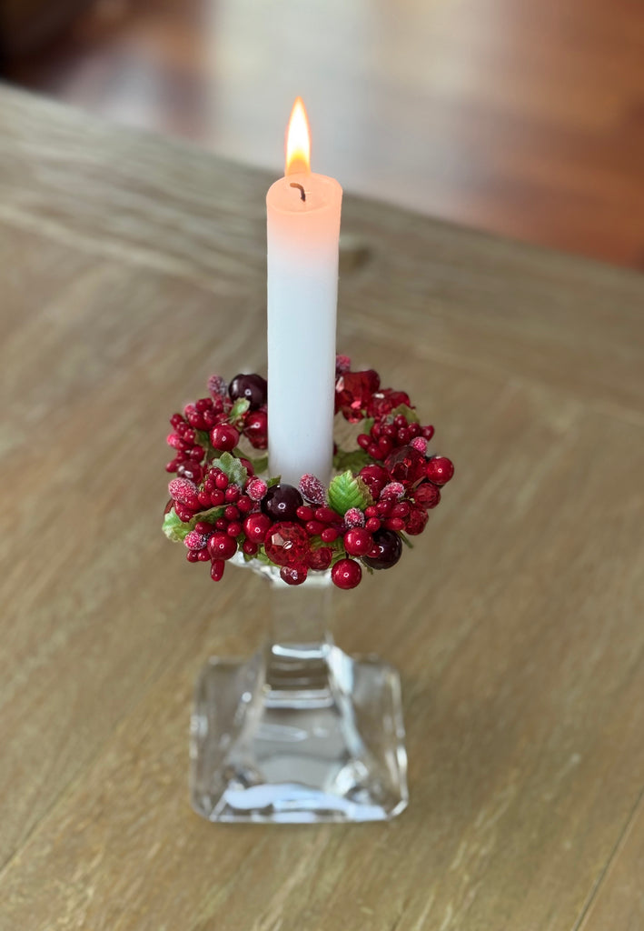 4 Inch Red and Burgundy Crystal and Pearl Berry Candle Ring, Red and Burgundy, Fits 1.75 Inch Candles