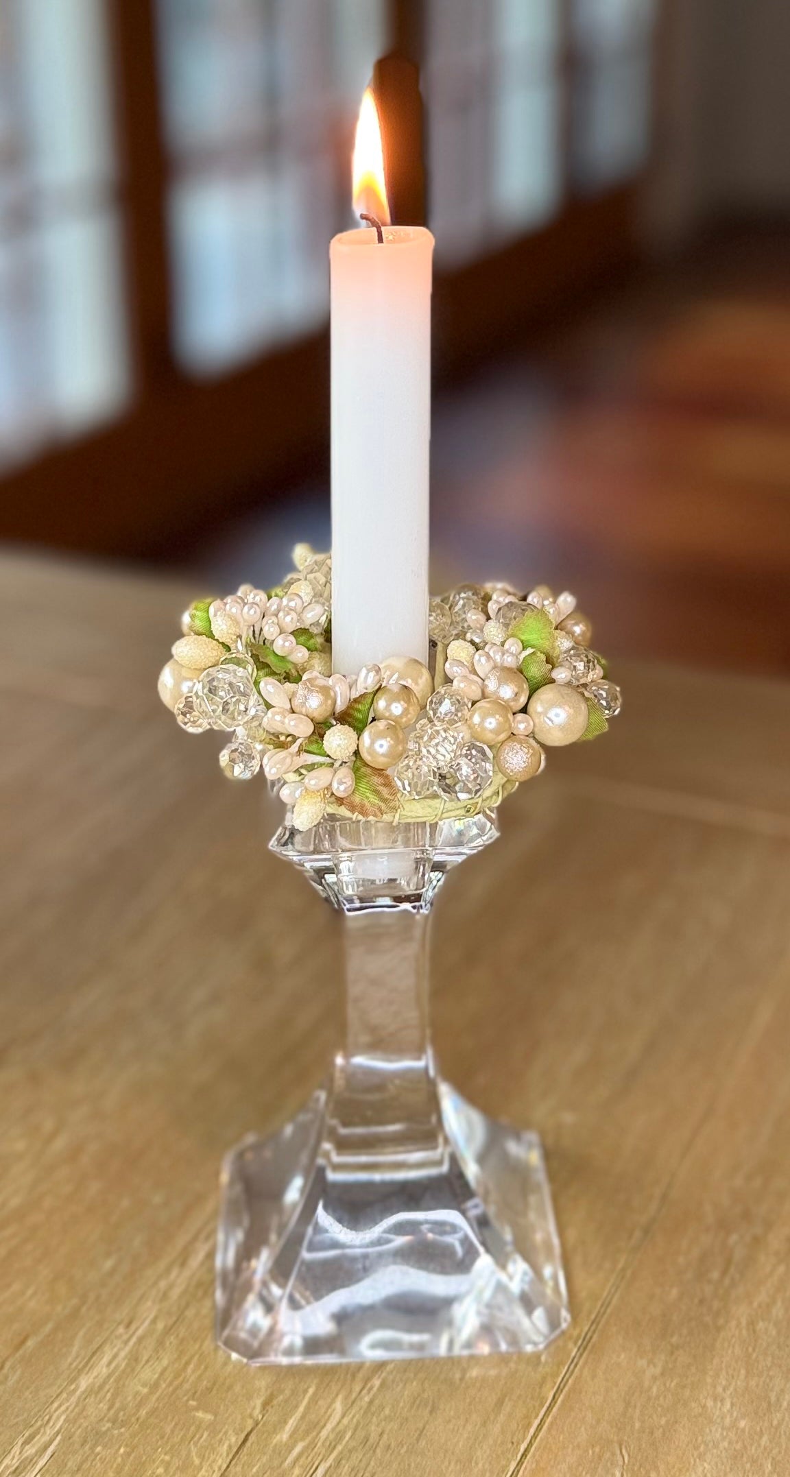 5 Inch Crystal and Pearl Berry Candle Ring, Champagne White, Fits 1.75 Inch Candles
