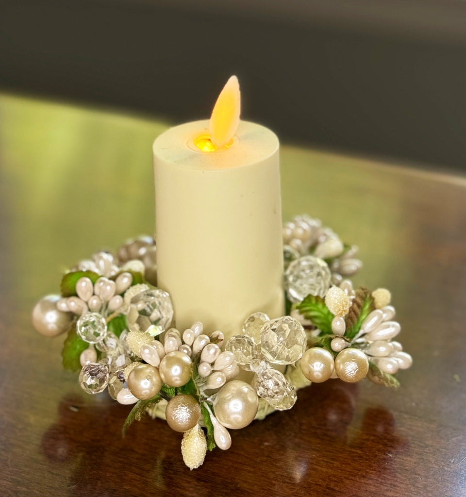 4 Inch Crystal and Pearl Berry Candle Ring, Champagne White, Fits 1.75 Inch Candles
