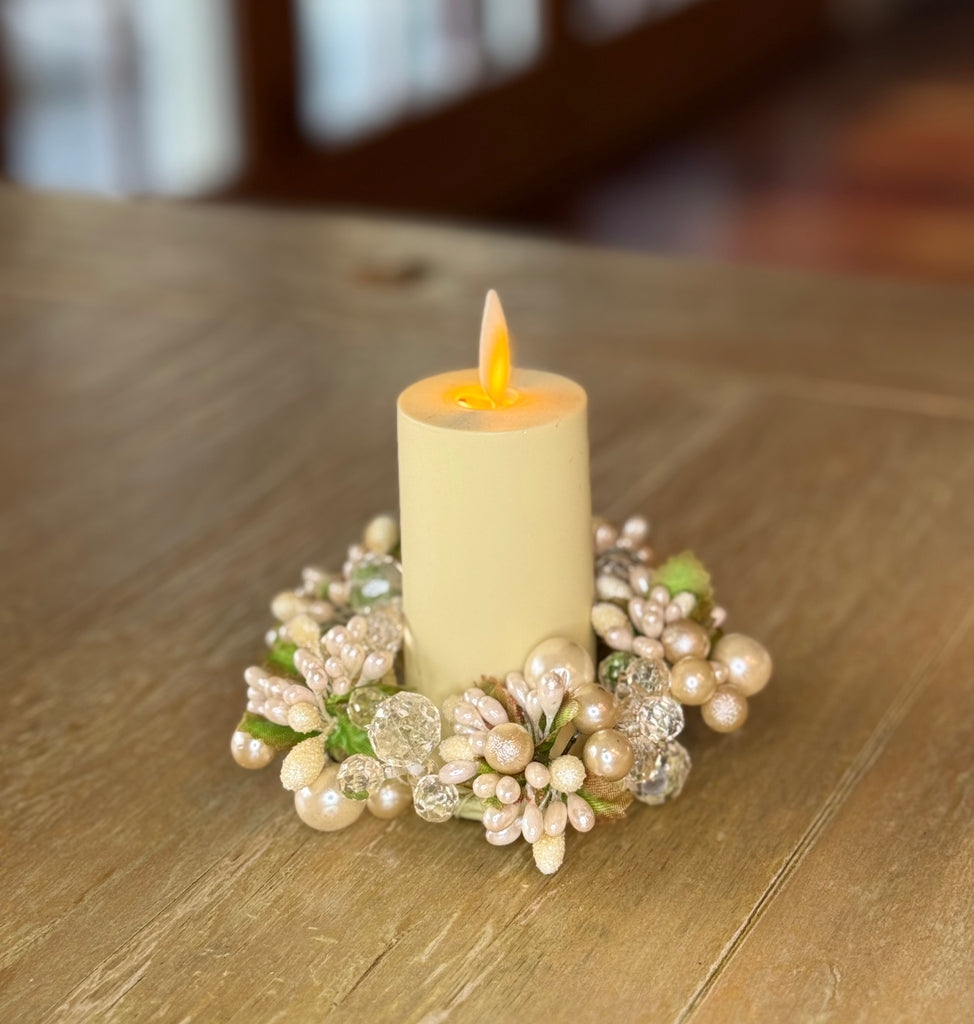 4 Inch Crystal and Pearl Berry Candle Ring, Champagne White, Fits 1.75 Inch Candles