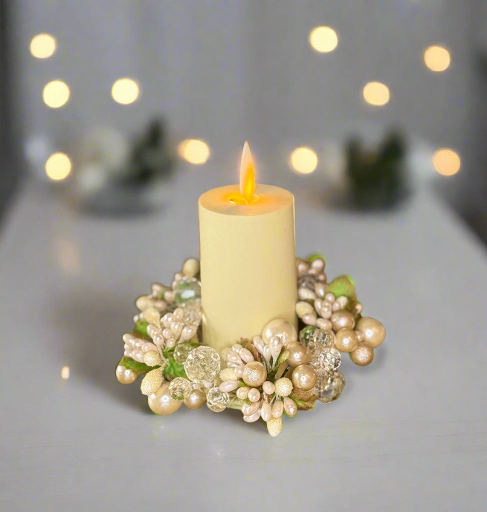 4 Inch Crystal and Pearl Berry Candle Ring, Champagne White, Fits 1.75 Inch Candles