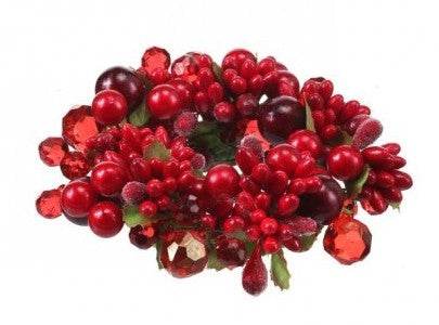 4 Inch Red and Burgundy Crystal and Pearl Berry Candle Ring, Red and Burgundy, Fits 1.75 Inch Candles