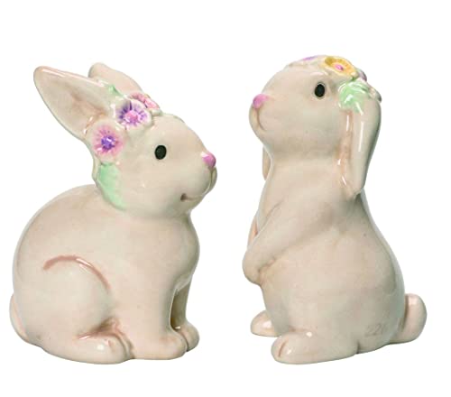 Easter Rabbits Salt and Pepper Shaker Set, Glazed Ceramic Easter Bunnies, 3.75 Inches High - Cream, White, Pink, Green, Purple