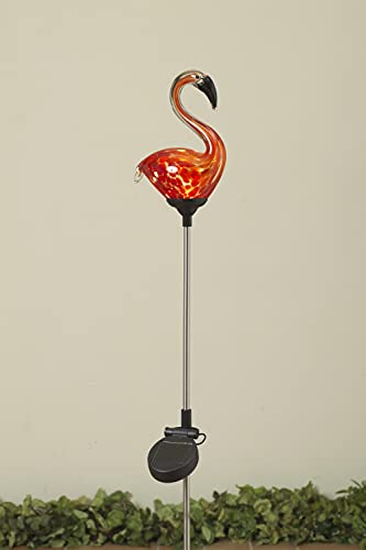 Hand Blown Glass Flamingo Solar Lighted Yard Stake, Solar Garden Torch 31 Inches High with Lighted Glass Body and Automatic Night Lighting