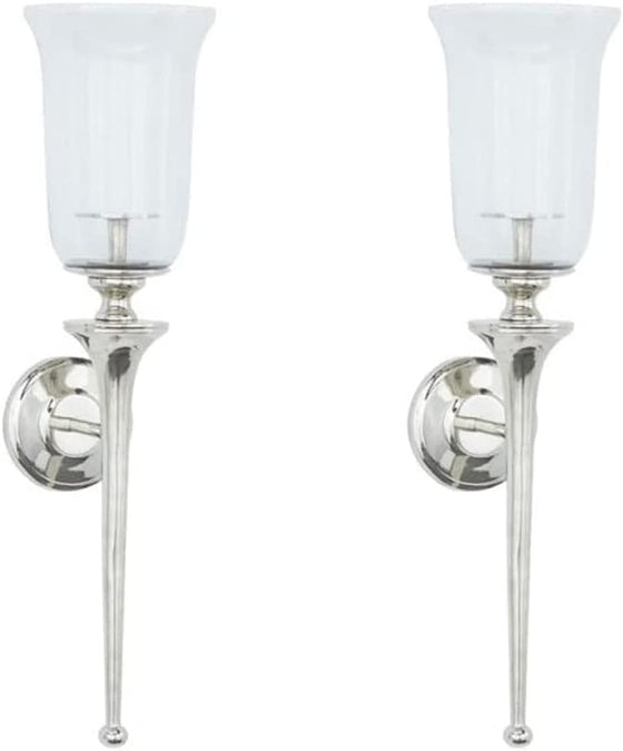 Set of 2 Large Silver Metal Wall Pillar Candle Sconces with Glass Hurricanes, 29 Inches High Each
