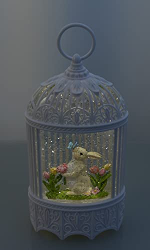 White Water Lantern with Easter Rabbit and Flowers, Battery Operated with Timer - 11.5" High Bunny and Butterfly Water Scene Lighted Water Lantern with Swirling Glittered Effect
