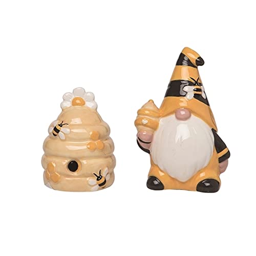 Transpac Ceramic Bee Gnome and Beehive Salt Pepper Shakers, 4 Inch, yellow, black, white