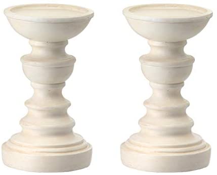 TenWaterloo Set of 2 Nantucket Pillar Candle Holders, 6.5 Inches High, Off-White Polyresin