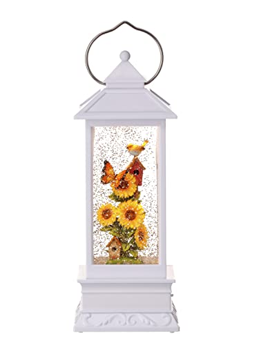 Spring Decorative Candle Water Lantern with Sunflowers, Bird and Butterfly, Battery Operated with Timer or USB - 11'' Garden Scene Lighted Water Lantern with Bird, White and Yellow