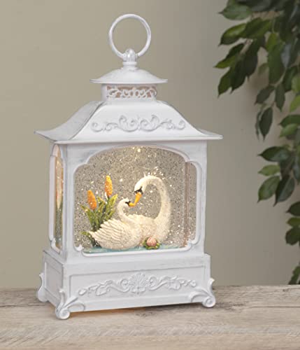 Water Lantern with Loving Swans and Flowers, Battery Operated with Timer - 11" High Swan and Water Scene Lighted Water Lantern with Swirling Glittered Effect
