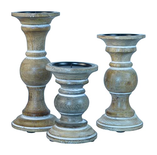 UMA Enterprises Wood Candle Holder Set of 3 in Natural Wood with White Accent, 6, 8 & 9.75 Inches High, Set of 3 Turned Wood Pillar Candle Holders, Tan White