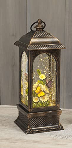 Butterfly and Daisy Water Lantern, Battery Operated with Timer - 11" High Garden Butterflies and White Daisy Flowers Water Scene Lighted Water Lantern with Swirling Glittered Effect