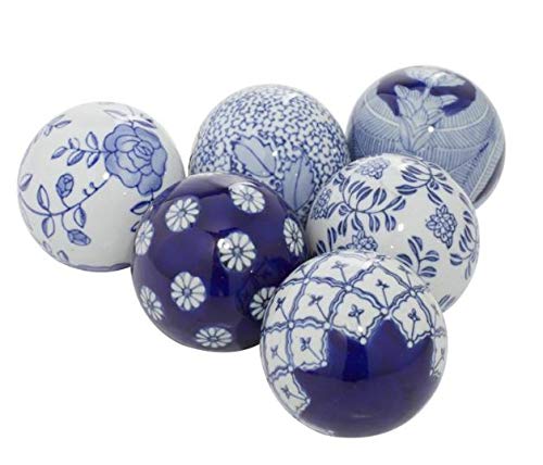 Enterprise Set of 6 Ceramic Blue Balls, 3 Inches, Blue and White Gloss Ceramic Bowl Filler and Accents