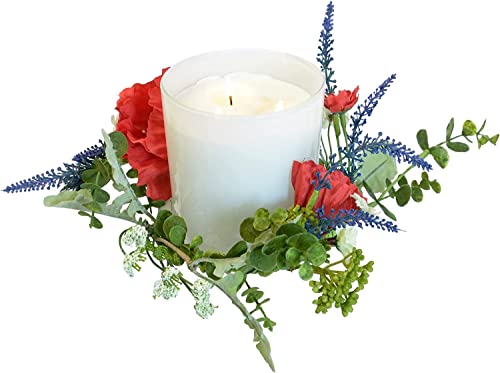 Spring and Summer Artificial Floral Pillar Candle Ring with Red Poppy, Salvia and Daisy Blooms, 8.5 inches x 2 inches, Candle Holder for Pillar Candles and Glass Hurricanes