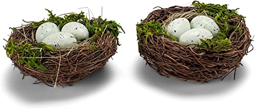 TenWaterloo Bird Nests with Eggs, Spring and Easter Décor, 6 Inches Wide, Set of 2, Artificial Floral with Blue Eggs, Twigs and Green Moss Accent