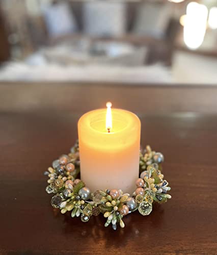 6 Inch Crystal and Pearlized Berry Candle Ring, Holds 3.75 Inch Pillar Candle - Green, Blue, Yellow and Blush