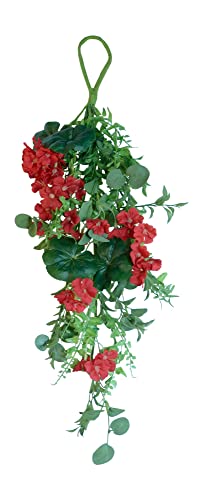 DE 25 Inch Artificial Geranium Teardrop Swag, Summer Blooms Faux Floral Teardrop Swag - Artificial Floral in Red and Green