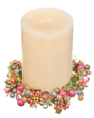 Reg 6 Inch Spring Crystal and Pearlized Berry Candle Ring, Holds 3.75 Inch Pillar Candle - Green, Pink, Yellow and Blue